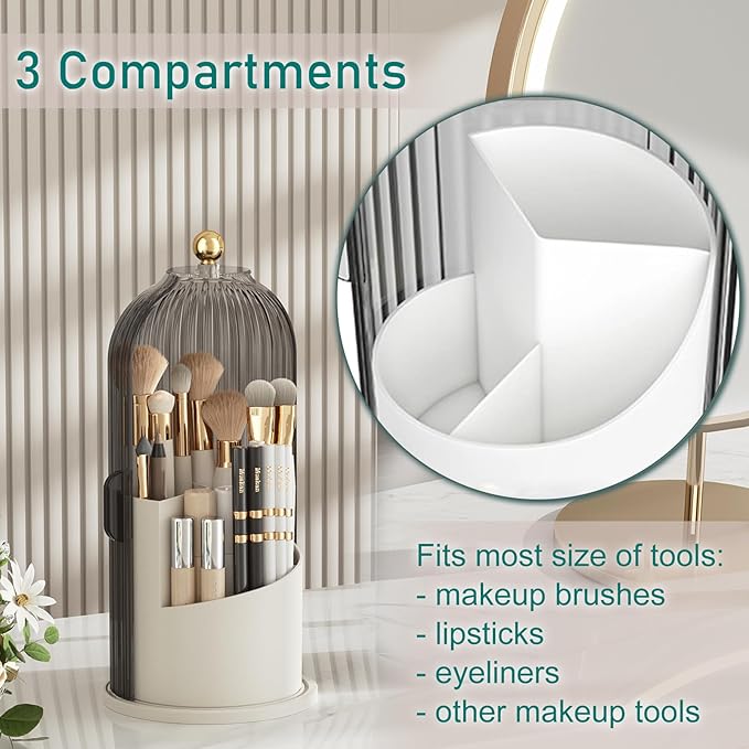 GAXmi Makeup Brush Holder with Lid Rotating Cosmetic Tools Organizer, Grey | 360 Rotation, Waterproof, Dustproof, Moistureproof