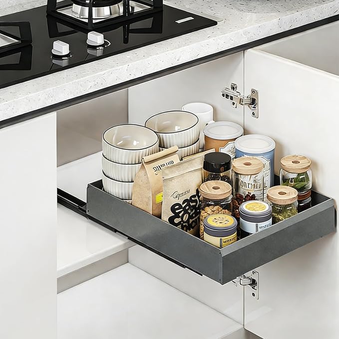 Pull Out Cabinet Organizer, Slide Out Drawers for Kitchen Cabinets, Heavy Duty Cabinet Pull Out Shelves with Adhesive Mount, No-Drill Space Aluminum Rolling Tray for Pantry, Bathroom & Base Cabinets