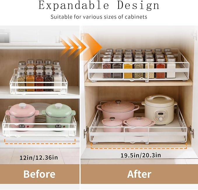 2 Pack Expandable Pull out Cabinet Organizer, Width (13"-21") Pull Out Drawers for Cabinets, Full Extension Upgrade 3 Slide Rails Slide Out Drawers, No Drill Adjustable Roll Out Shelves (White)