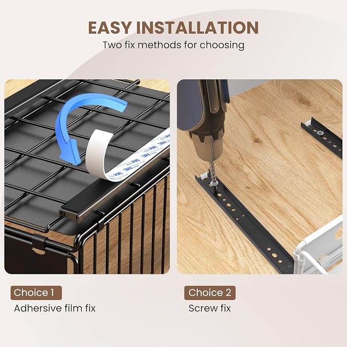 Pull out Cabinet Organizer, 2 Pack Heavy Duty Slide out Drawers Pantry Shelves with Strong Adhesive Glue and Handle for Kitchen, Living Room, Bathroom, Home (14.8" D x 9.6" W x 7.48" H)