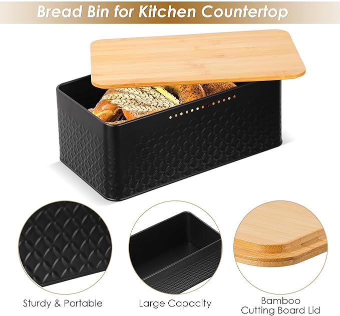 Phyllia Bread Box, Metal Bread Storage Container with Bamboo Lid Usable as Cutting Board, Breadbox Holder for Kitchen Countertop, 13 x 7 x 5.3 inch (Black)