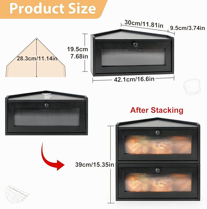 Sunhoo Bread Box for Kitchen Countertop Wooden Corner Breadbox Counter Food Storage Bin Container Farmhouse Rustic Homemade Bread Fresh Keeper Organizer Holder Vintage Stackable with Window (Black)