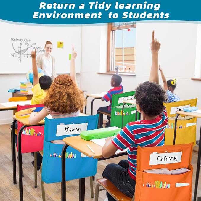 12 Pcs Classroom Chair Pockets, 15.9 x14.8 inch Chair Pockets for Classroom, 6 Bright Color Seat Sacks for Classroom Chairs, Buddy Pocket, Chart Seat Back Organizer with Name Tag
