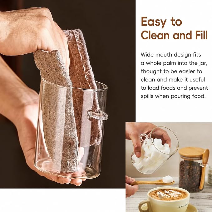 Coffee Sugar Container Salts Jars - 15oz Glass Airtight Caning with Bamboo Lids and Spoons Scoop, Storage Overnight Oats, Spice, Creamer, Food Organizer, Set of 3