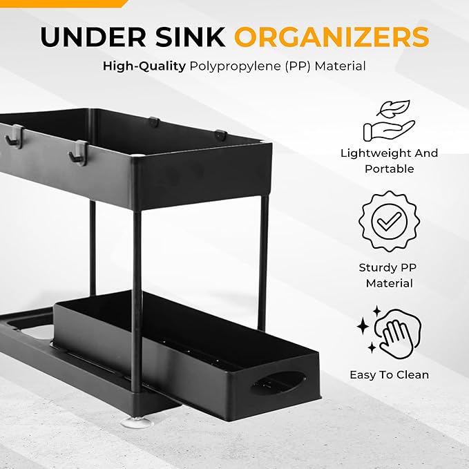 TEVASO Under Sink Organizers and Storage | Space-Saving Cleaning Supplies | 2 Tier Sliding Under Shelf Organizer for Kitchen and Bathroom - Black - 1 Pack