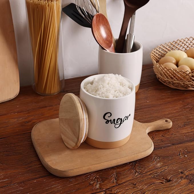 LEETOYI Ceramic Food Storage Containers with Lid,Modern Farmhouse Kitchen Decor, Countertop Food Storage Caddy Organizer, 33oz (Labeled Sugar)