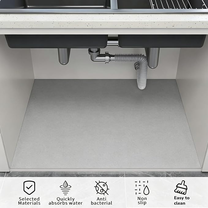 Under Sink Mats-39" x 31" (Cut-to-Fit) Absorbent Shelf Liner for Kitchen&Bathroom Cabinets | Non-Slip, Quick-Dry Cabinet Liner for Under Sink, Vanity & Utility Storage (Light Grey,39''x31'')