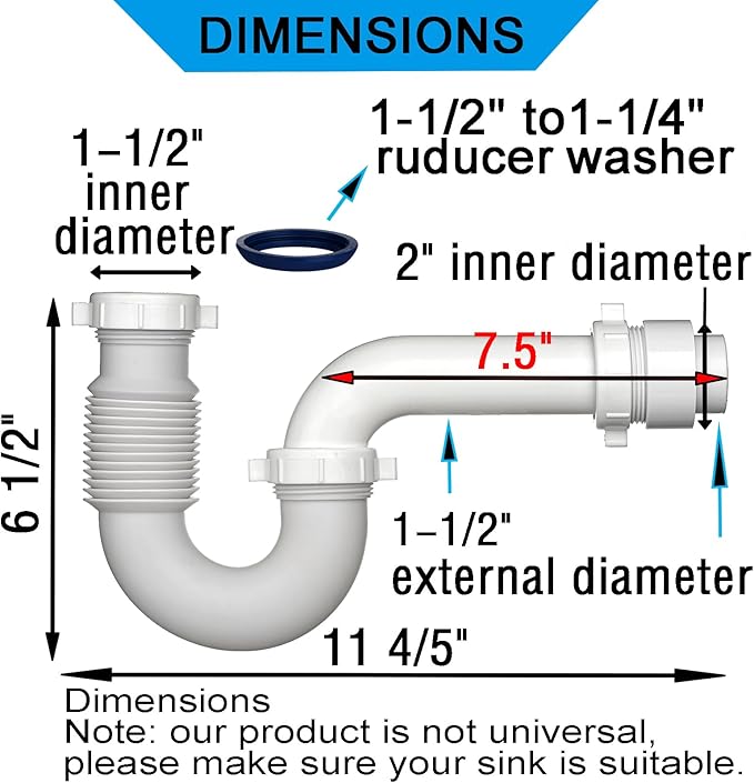 (1 Pack) Yariwiz White P Trap 1 1/2 Inch for Bathroom Kitchen Sink Drain Pipe Tubular Kit with Adjustable J-bend, White Threaded Adapter and Blue TPE Washer KSD-004W