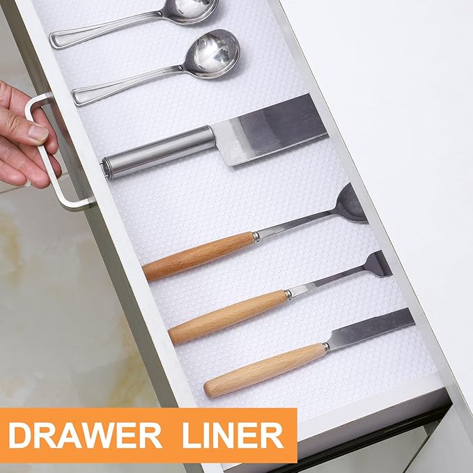 FLPMIX Shelf Liner for Kitchen Cabinets 11 inch Wide - Easy to Cut Drawer Mat, (11" x 240 Inch White), Waterproof Pantry Cabinet Liner