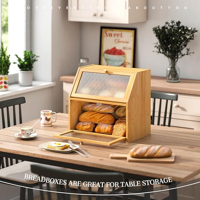 STDDRE Bread Box for Kitchen Countertop Bin Double Layer Bread Box Storage Container Extra Large Capacity with Diamond Pattern Windows (Natural, Extra Large)