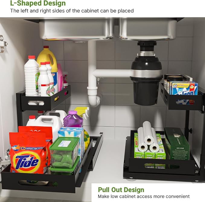 Under Sink Organizers and Storage, 2-Tier Sliding Under Sink Organizer, Under Cabinet Storage, Multi-Purpose Slide Out Sink Shelf, Under the Sink Organizer for Bathroom, Kitchen (Black)