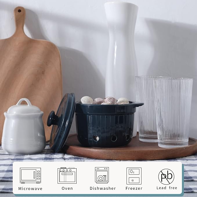Garlic Keeper with Lid, Ceramic Garlic Saver Container for Countertop, Kitchen Decor (Navy)