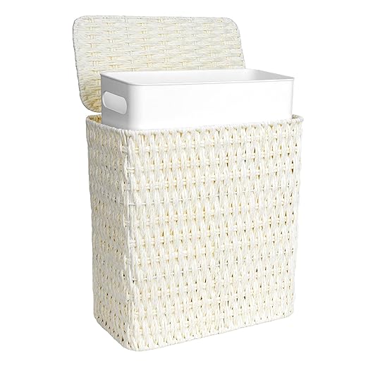 iEGrow Paper Rope Trash Can,Bathroom Trash Can with Lid, 3 Gallon Wicker Waste Basket with Removable Liner, for Bedroom, Living Room, Toilet, Under Sink Creamy White