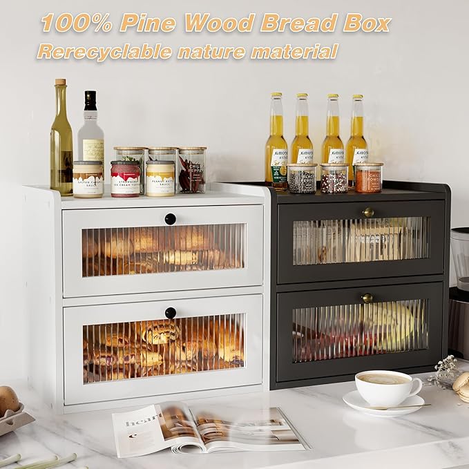 Alpeir Double Layer Large Bread Box for Kitchen Countertop, Black | Ventilation Hole, Longer Fresh, Natural Wood, Fit Homemade Bread & Baked, Extra Top Storage, Acrylic Window, Modern Style