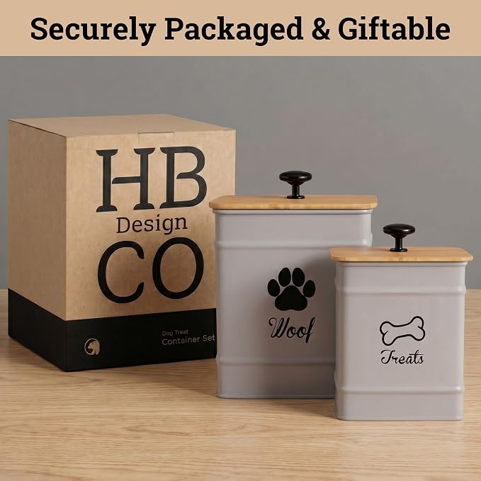 Dog Treat Container Airtight Set of 2 - 8x6 & 7x5 inch Iron Dog Treat Jars for Kitchen Counter with Airtight Bamboo Lids - 20 Cup Capacity Pet Treat Container Set - Doggie Cookie Jar - Treats Canister