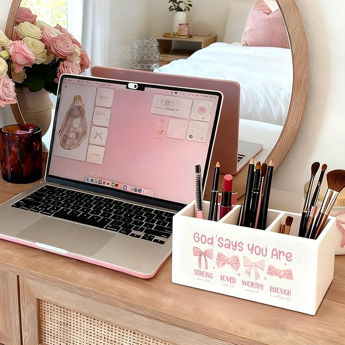 Coquette Pink Bow Christian Pen Holder, Christian Gifts for Women Pencil Holder for Desk, God Says You Are Bible Verse Wooden Box Sign Decorations for Girly Room Bedroom Dorm Desk Tabletop