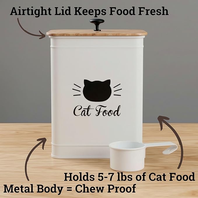 Cat Food Storage Container with Scoop - 5-7 lb (25 Cup) Capacity Metal Cat Food Container with Airtight Bamboo Lid and Metal Scoop - Airtight Pet Food Storage Containers 5 lb - 7 lb Kibble Container