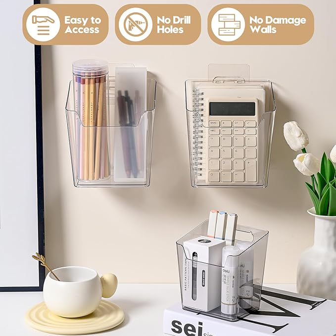 6 Pack Drink Packet Organizer, Clear Acrylic Cabinet Door Organizer Adhesive, Wall Mount Caddy Utensil Holder Floating Bin for Tea Bag Kcup Storage, Sewing Tools, Laundry Pods, Small Cleaning Supply