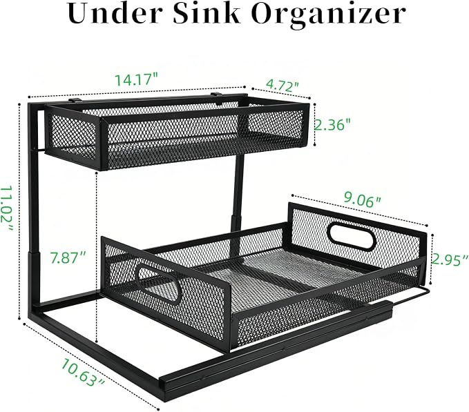 2 Pack Under Bathroom Sink Organizers and Storage 2-Tier Metal Pull Out Cabinet Organizer with Sliding Out Drawers Space Saving Undersink Slide Out Shelves for Kitchen Pantry, Black