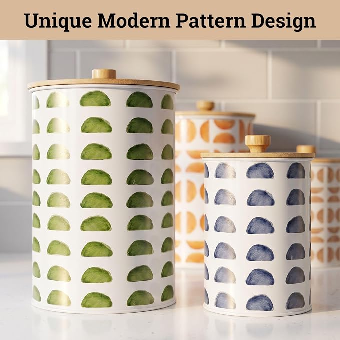 Kitchen Canisters for Countertop Set of 4 - Patterned Iron Kitchen Canisters with Airtight Lids - Flour Sugar Canister Set - Flour and Sugar Containers Farmhouse - Coffee Jar for Counter - White Jar