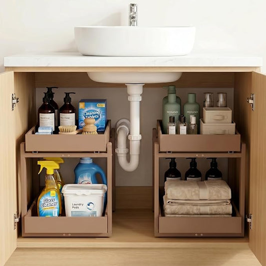 Bamboo Under Sink Storage 2 Tier Pull Out Cabinet Organizer Slide Out Under Sink Storage Shelf Undersink Organizers Shelves for Kitchen Bathroom Organization (Brown, 2 Pack)