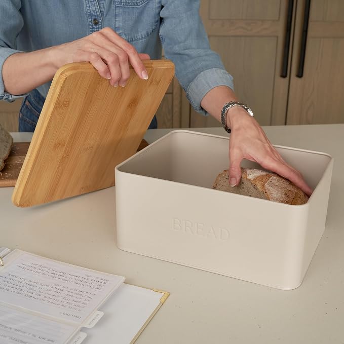 ZICOTO Beautiful Bread Box With Wooden Lid For Your Kitchen Countertop - Spacious Container Perfectly Stores Your Homemade Bread, English Muffins & Bagels - Quality Cutting Board Lid Keeps Loaf Fresh