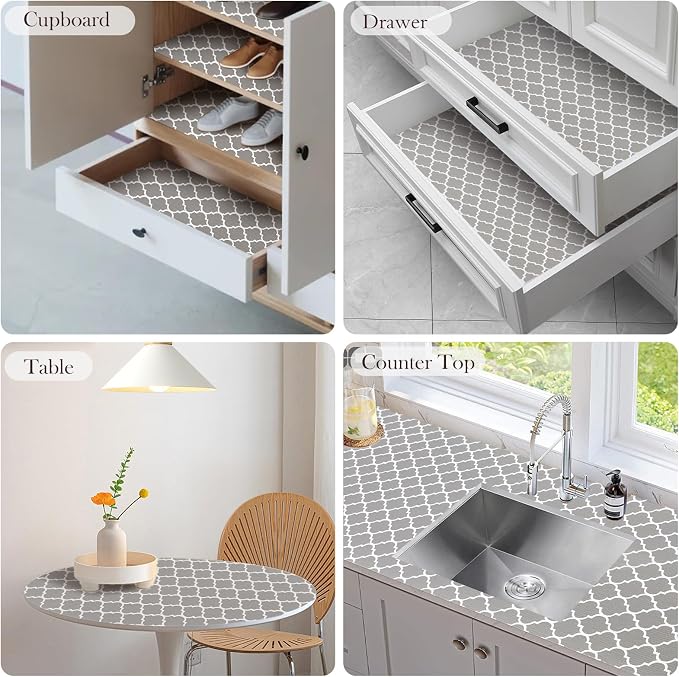 Drawer and Shelf Liner, Non-Slip Kitchen Cabinet Liners Non-Adhesive Thick Strong Grip Waterproof Washable Mats Protect Dresser Shelves Cupboard Bathroom Cabinets, Gray, 24 in X 10 FT
