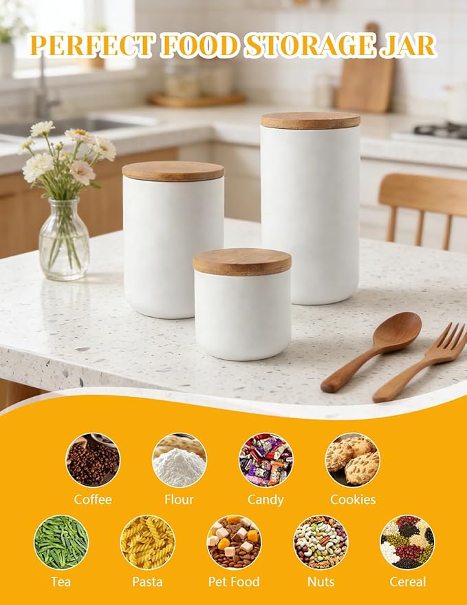 YYW Ceramics Food Storage Jar Canister with Airtight Seal Bamboo Lid, Simple Style Kitchen Canister for Food Storage, Store Coffee, Sugar, Tea, Spices and More (White (27.05oz/800ml))