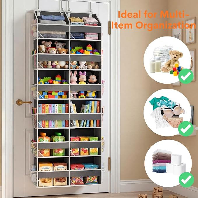 2 Pack Over The Door Organizer 6 Tiers, Extra Large Behind Door Storage of 12 Compartments, 80 lbs Weight Capacity Hanging Storage Organizer with Clear Window Kids Toys,Shoes (6 Tiers - Grey)