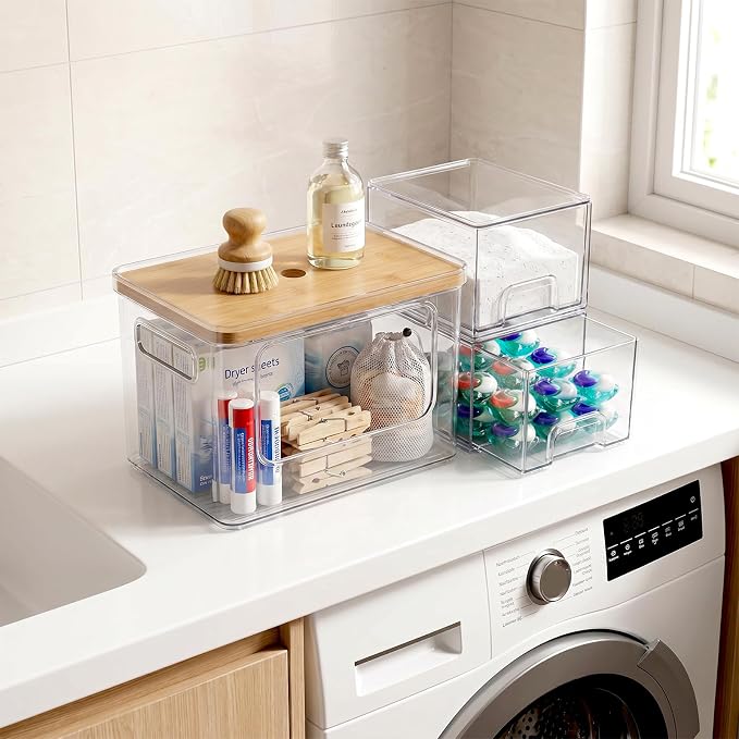 Hudgan Under Sink Organizers 3 in 1, Stackable Acrylic Bathroom Storage, Trash Bag Dispenser and Dishwasher Pods Holder for Kitchen and Laundry Room Organization