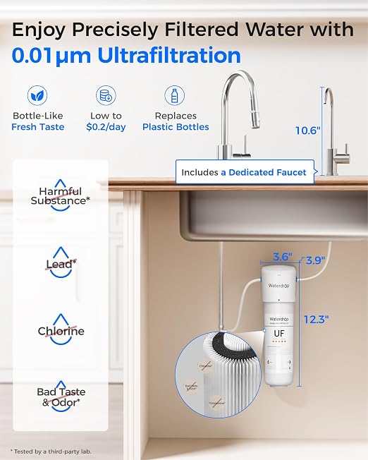 Waterdrop 10UBW-UF 0.01 μm Ultra Filtration Under Sink Water Filter System, Reduces Lead, Chlorine, Bad Taste & Odor, 1 Year, with Dedicated Brushed Nickel Faucet