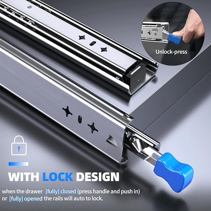 SLIDEWAY 260 Lbs Heavy Duty Locking Drawer Slides 1 Pair 12 14 16 18 20 24 26 30 32 40 Inch Full Extension Ball Bearing Sliding Rails Cabinet Runners Tracks RV Glides (53mm Wide with Lock)-34"