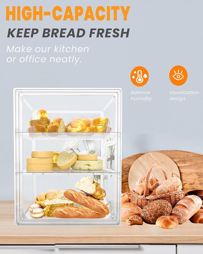 Bread Box,Large Bread Boxs for Kitchen Countertop - 4 Layers Adjustable Bread Storage Container, Clear Boxes for Kitchen Counter, Breads Box Airtight,Bread Holder,Perfect for Bagel, Muffins