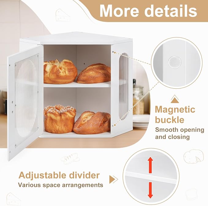 Sunhoo Bread Box for Kitchen Countertop Corner Bread Storage Wooden Breadbox Container 2 Layer Bread Holder Keeper Large Farmhouse Bread Bin Shelf for Homemade Pantry Vintage Acrylic Window (White)