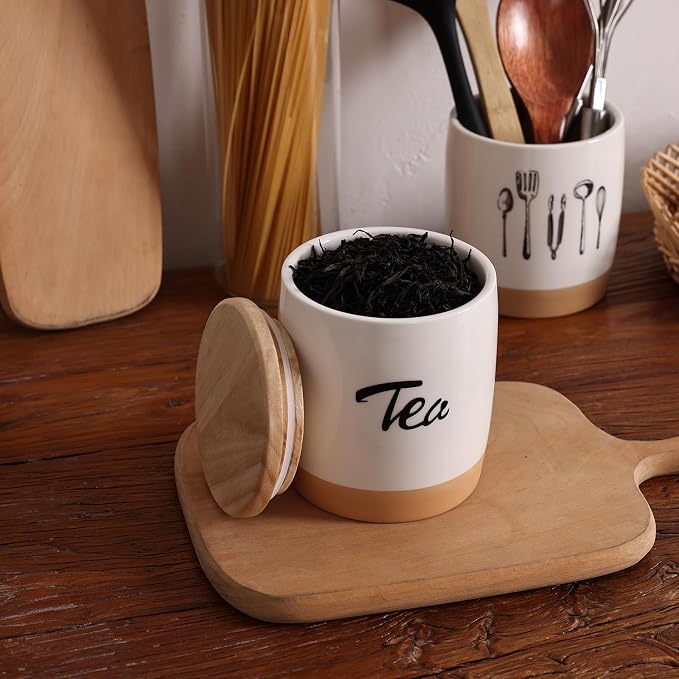 LEETOYI Ceramic Food Storage Containers with Lid,Modern Farmhouse Kitchen Decor, Countertop Food Storage Caddy Organizer, 33oz (Labeled Tea)