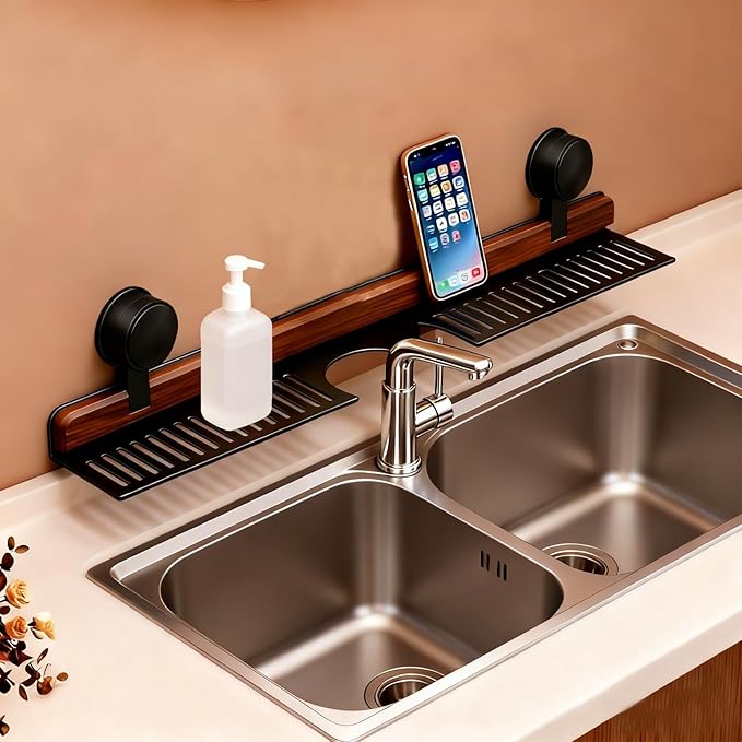 Bathroom Sink Shelf Over Faucet, No Drill Floating Shelf for Bathroom Sink, Under Sink Caddy Organizers for Toothbrush Soap (Black, 20 inch)