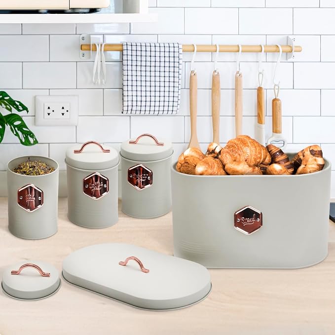 Bread Box for Kitchen Countertop with Coffee Sugar Tea Storage Containers, Bread Box and Canisters Set for the Kitchen with Lid, Beige