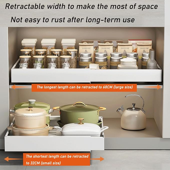 Expandable Drawer Orga PullOut Kitchen Storage Solution Adjustable No Drill Design for Cabinets ng Drawer System，46-68cm X 42cm X 7.5 Cm-1PCS，46-68cm X 42cm X 7.5 Cm-1PCS