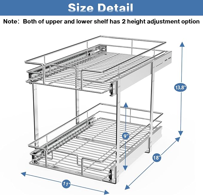 LOVMOR 2 Tier Individual Pull Out Cabinet Organizer 11"W x 21"D, Slide Out Kitchen Cabinet Storage Sliding Shelves