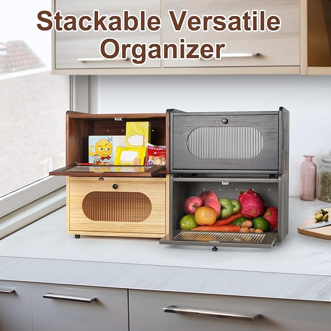 Sunhoo Bread Box for Kitchen Countertop Storage Wooden Breadbox Holder Container Morden Rustic Fresh Bread Keeper Farmhouse Stackable Organizer Bin for Homemade Food Shelf Acrylic Window (Brown)