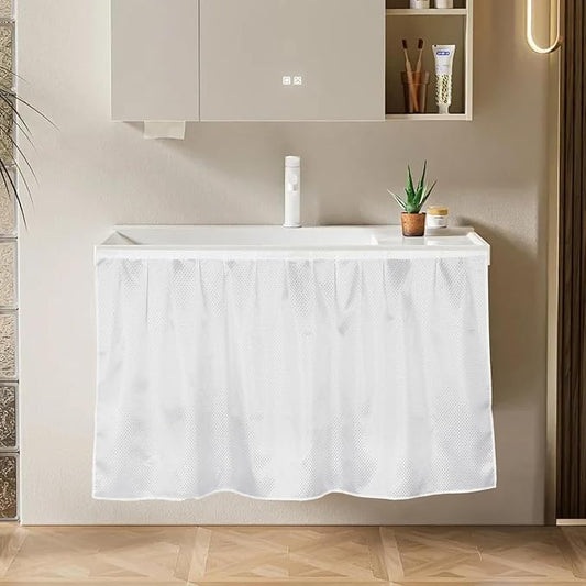 Fabric Sink Skirt Waterproof Self-Adhesive Bathroom Sink Skirt Diamond Stitch Design, 55 x 32 Inches, Adds Under Sink Storage (White)