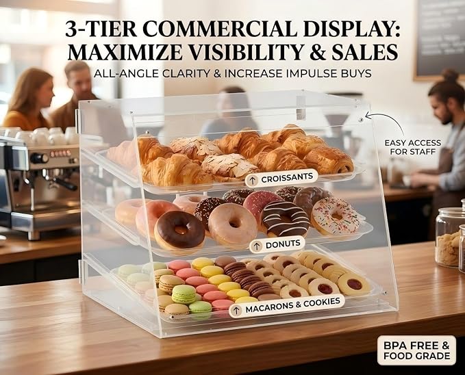 YBSVO 3-Tier Commercial Bakery Display Case, 21-Inch Clear Acrylic Countertop Pastry Showcase with Removable Trays, Food-Grade Dessert Cabinet with Magnetic Back Doors for Cafe, Market, Home