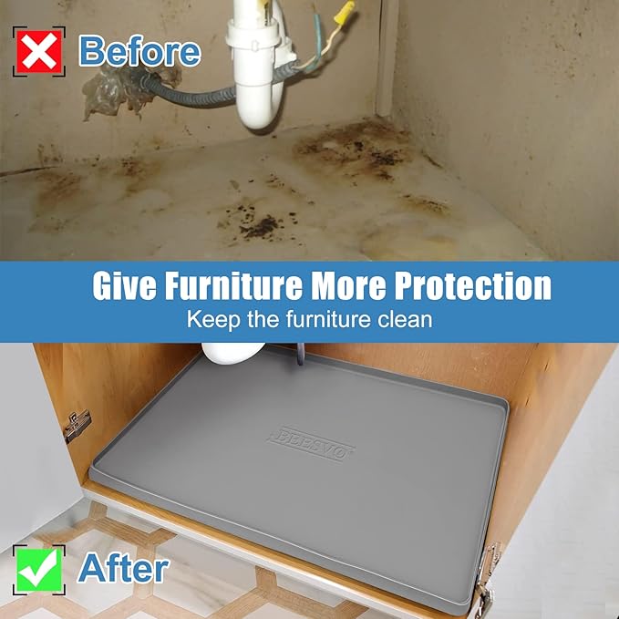 BEESVO Under Sink Mat for Kitchen Waterproof, 34" x 19" Silicone Under Sink Liner Kitchen & Bathroom Cabinet Protector Mats, Heavy Duty Flexible Under Sink Drip Tray with Lip, Cool Grey