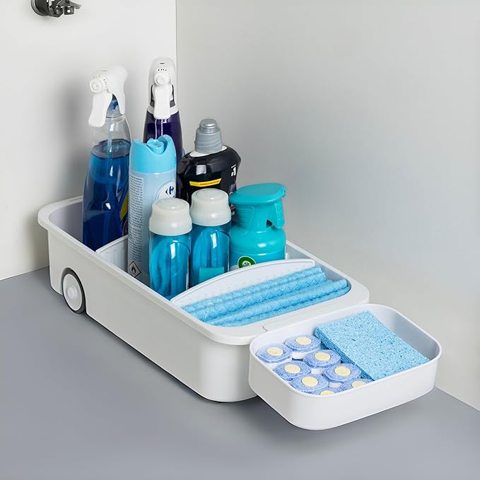 GAROOD Kitchen Under Sink Organizer Cleaning Supply Caddy Storage Bin Under Sink Caddy Rolling Cleaning Organizer with wheels Pull out tray Bathroom Kitchen Organizers Storage 16.5*8*3.75 in - 1 pack