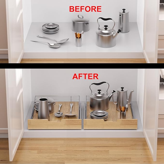 Sikarou Pull Out Cabinet Organizer,Heavy-Duty Slide Out Shelf, Wood And Wire Basket, Pull Out Drawer for for Kitchen Under Sink Space, Pantry, Bathroom (23 * 21 WM)
