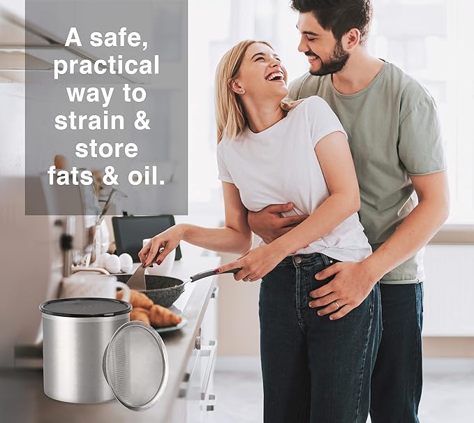 Oggi Stainless Steel Jumbo Grease Container with Removable Strainer and Snug Lid. Perfect container for fryer oil, bacon drippings, lard and ghee oil. Large capacity can - 1 Gall / (Pack of 3)