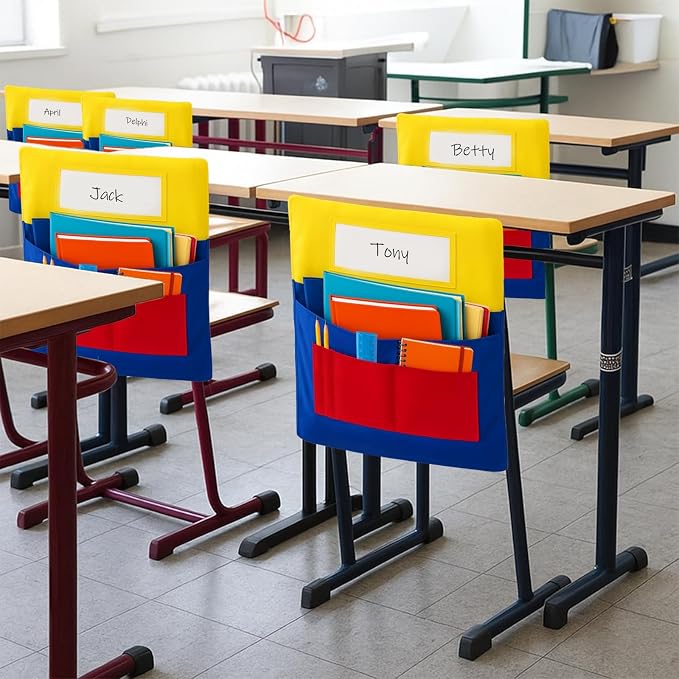 25 PCS Chair Pockets for Classroom Chairs, 15"W x 19"H Seat Sacks with 5 Pockets, Durable 600D Oxford Student Chair Bag Organizer with Name Tag Slot for K-5 Kindergarten School, Colorful