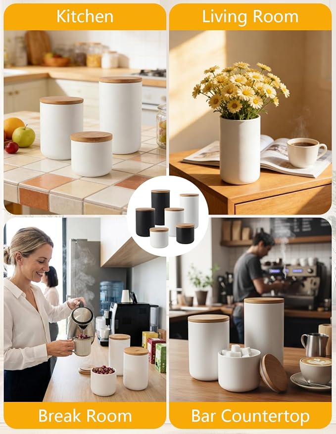 YYW Ceramics Food Storage Jar Canister with Airtight Seal Bamboo Lid, Simple Style Kitchen Canister for Food Storage, Store Coffee, Sugar, Tea, Spices and More (White (27.05oz/800ml))