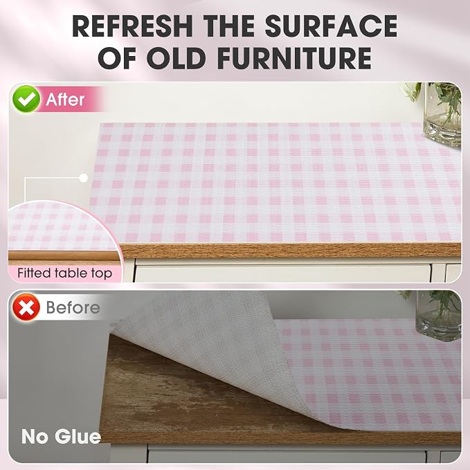 Drawer and Shelf Liner, Non-Slip Kitchen Cabinet Liners Non-Adhesive Thick Strong Grip Waterproof Washable Mats Protect Dresser Shelves Cupboard Bathroom Cabinets, Pink Plaid, 12 in X 20 FT