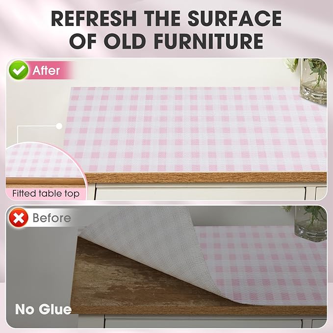 Drawer and Shelf Liner, Non-Slip Kitchen Cabinet Liners Non-Adhesive Thick Strong Grip Waterproof Washable Mats Protect Dresser Shelves Cupboard Bathroom Cabinets, Pink Plaid, 18 in X 10 FT